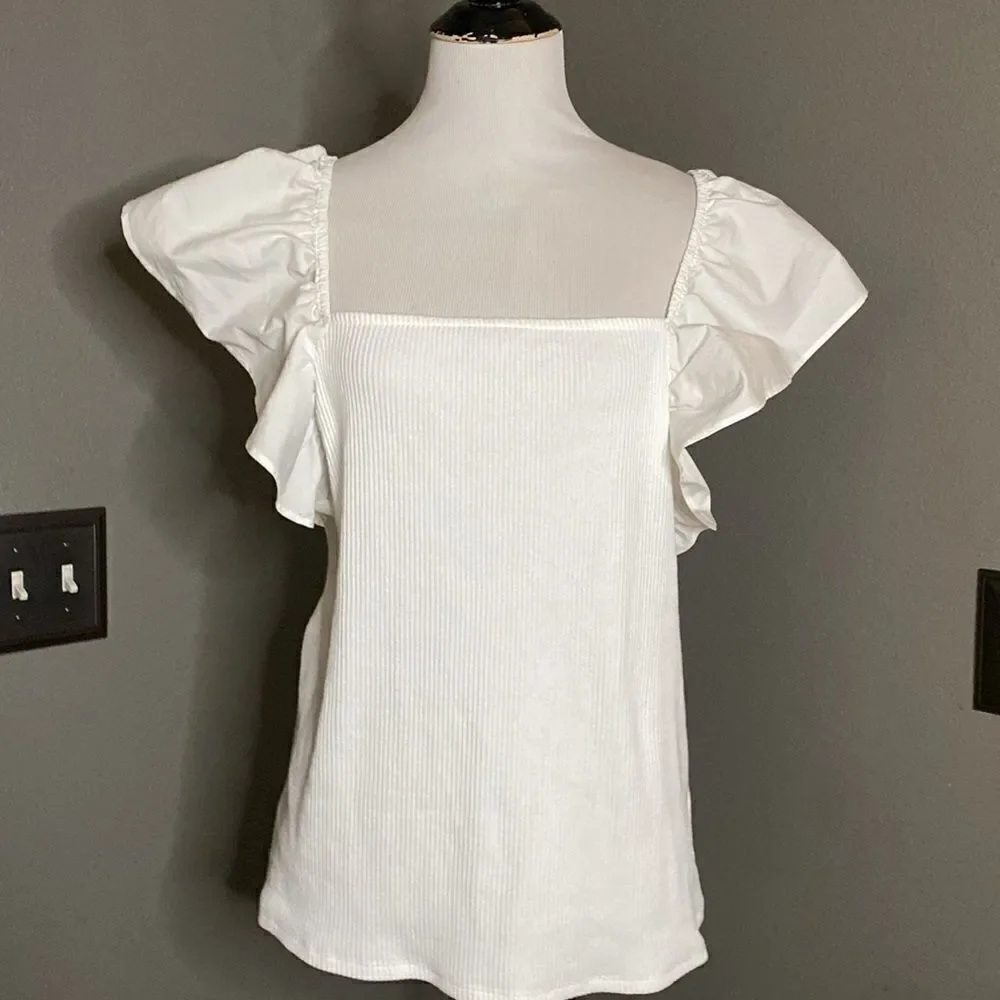 A New Day White Flutter Sleeve Ribbed Top